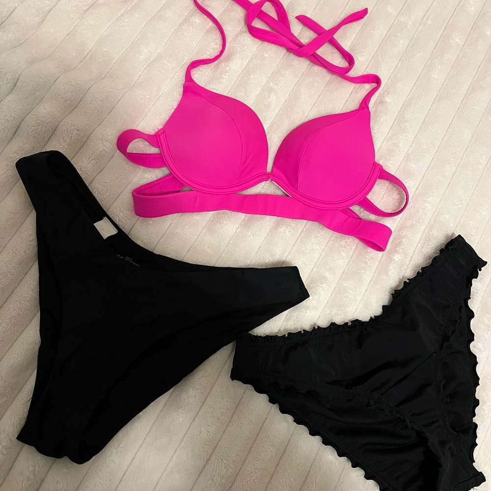 Victoria's Secret Hot Pink Bikini with black bottoms